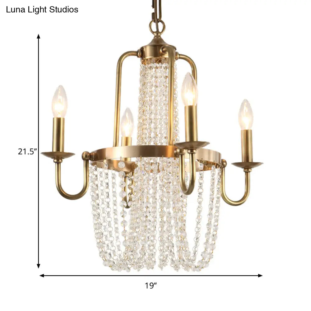 Traditional Copper Chandelier With Crystal Tassel - 4 Lights Golden Scroll Frame Hanging Ceiling