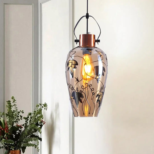 Traditional Copper Glass Ceiling Lamp Kit With Maple Leaf Pattern - 1 Bulb Pot Hanging