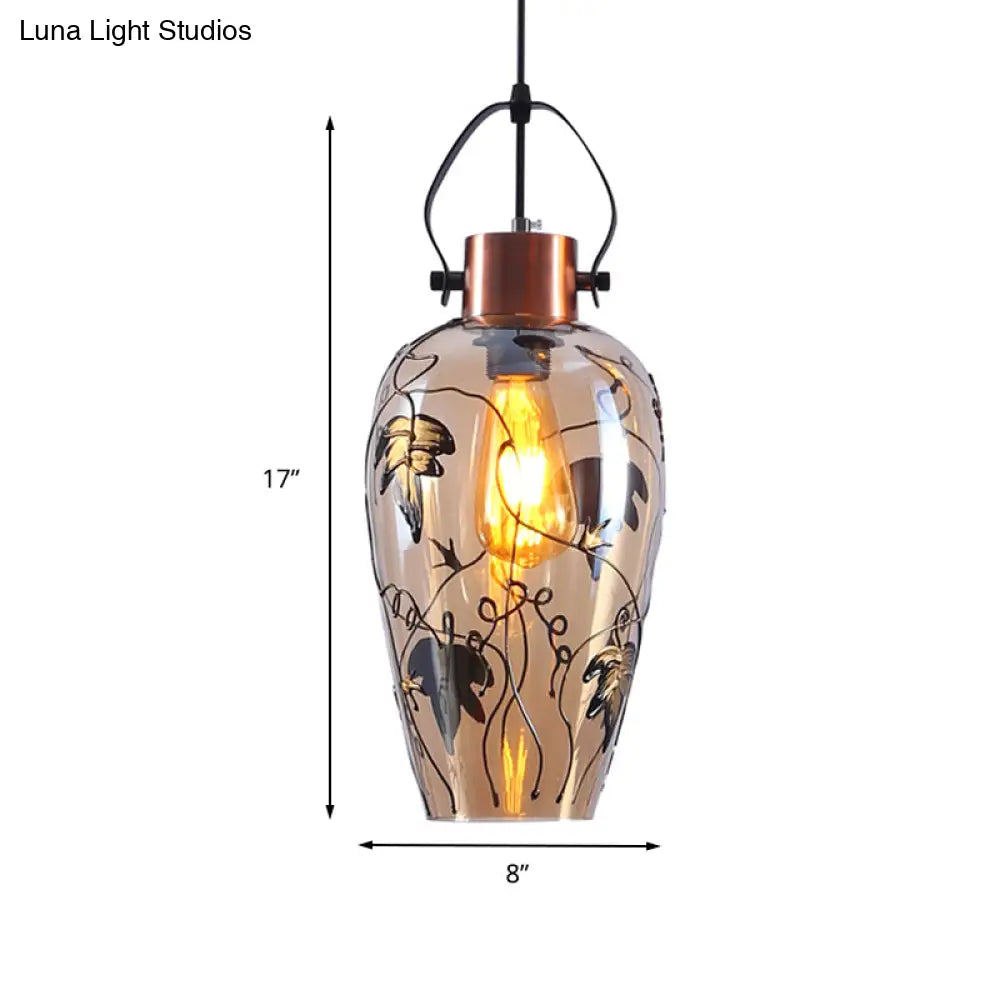 Traditional Copper Glass Ceiling Lamp Kit With Maple Leaf Pattern - 1 Bulb Pot Hanging