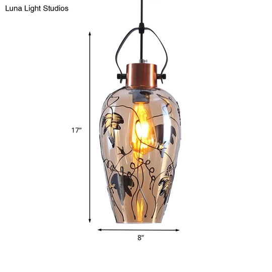 Traditional Copper Glass Ceiling Lamp Kit With Maple Leaf Pattern - 1 Bulb Pot Hanging