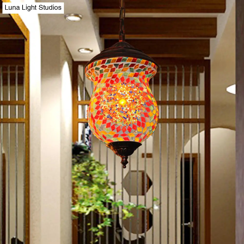 Traditional Copper Stained Art Glass Pendant Lamp For Foyer - Unique Head Urn Design