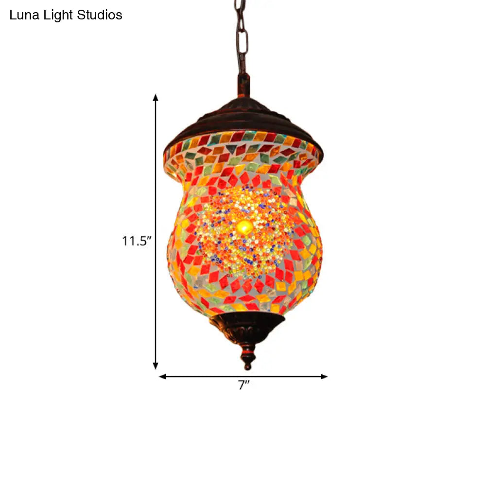 Traditional Copper Stained Art Glass Pendant Lamp For Foyer - Unique Head Urn Design