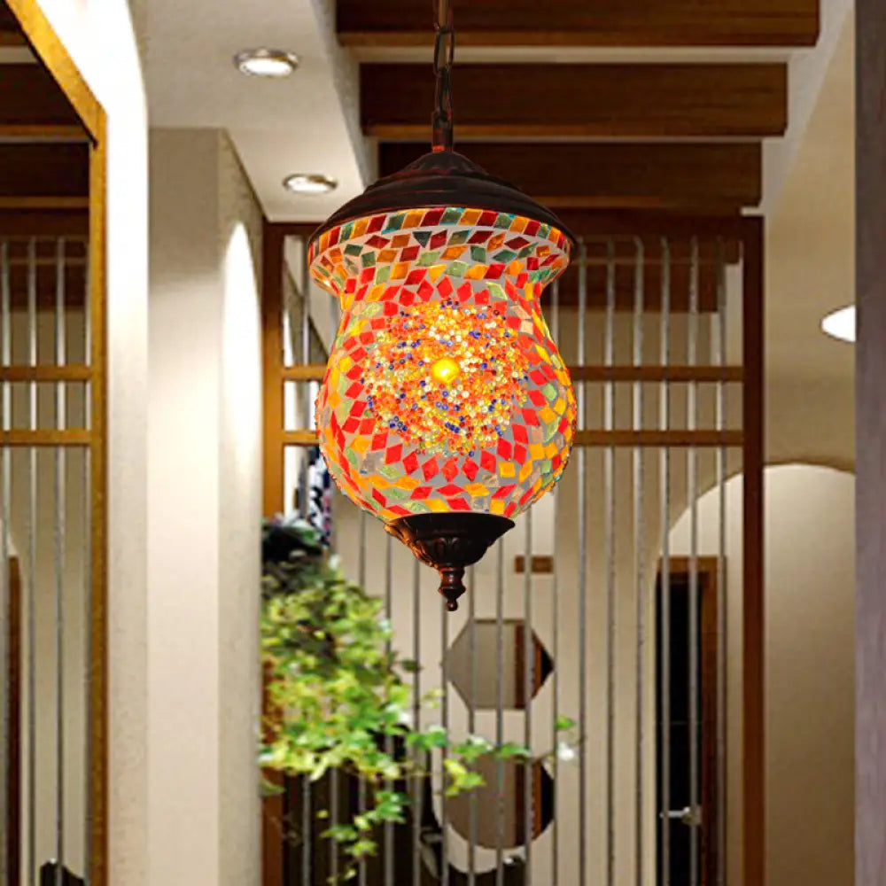 Traditional Copper Stained Art Glass Pendant Lamp For Foyer - Unique Head Urn Design