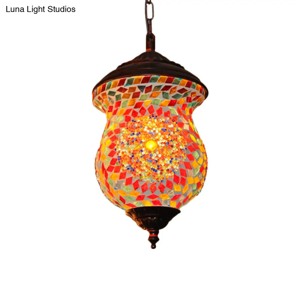 Traditional Copper Stained Art Glass Pendant Lamp For Foyer - Unique Head Urn Design