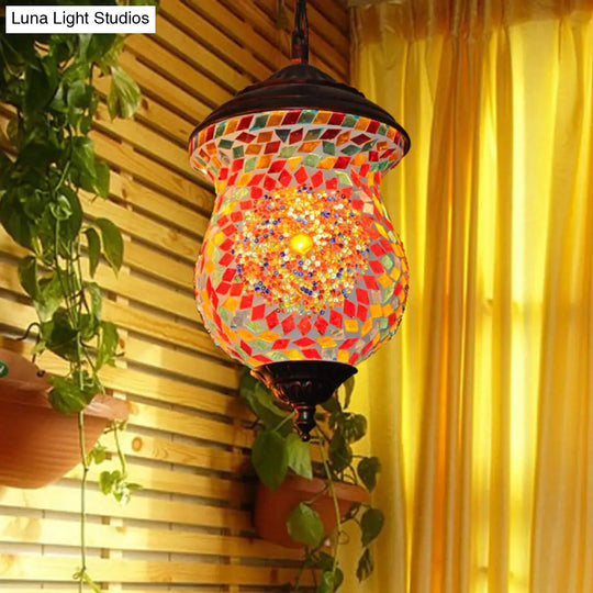 Traditional Copper Stained Art Glass Pendant Lamp For Foyer - Unique Head Urn Design