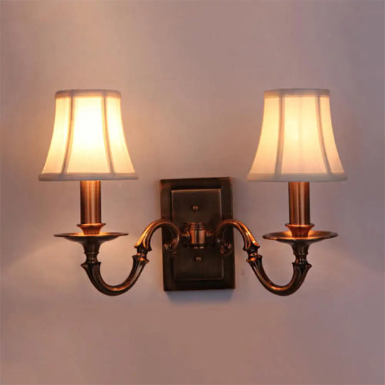 Traditional Copper Wall Sconce With Paneled Bell Design And Fabric Shade For Bedroom Lighting 2 /