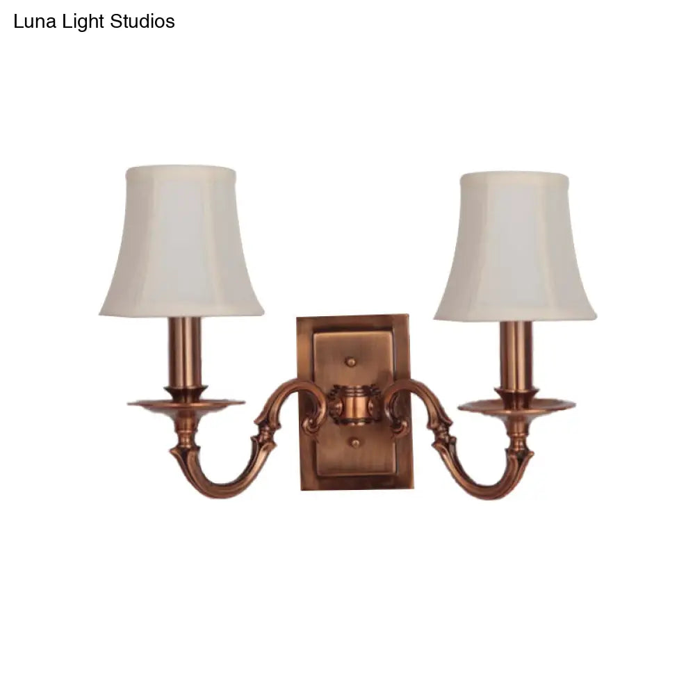 Traditional Copper Wall Sconce With Paneled Bell Design And Fabric Shade For Bedroom Lighting