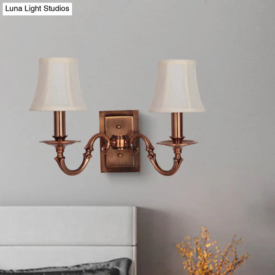 Traditional Copper Wall Sconce With Paneled Bell Design And Fabric Shade For Bedroom Lighting