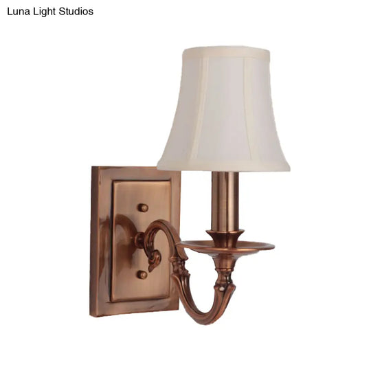 Traditional Copper Wall Sconce With Paneled Bell Design And Fabric Shade For Bedroom Lighting