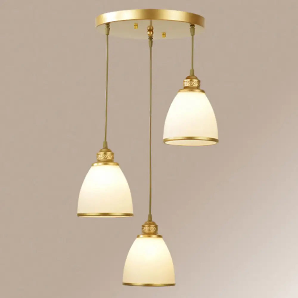 Traditional Cream Glass Bell Shade Multi Ceiling Light For Living Room 3 / Gold Round