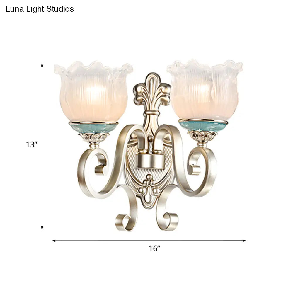 Traditional Cream Glass Blossom Wall Sconce Light With Scrolled Arm - Silver 1/2-Head Lighting