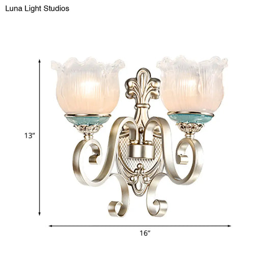 Traditional Cream Glass Blossom Wall Sconce Light With Scrolled Arm - Silver 1/2-Head Lighting