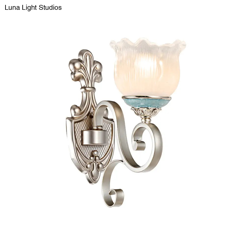 Traditional Cream Glass Blossom Wall Sconce Light With Scrolled Arm - Silver 1/2-Head Lighting