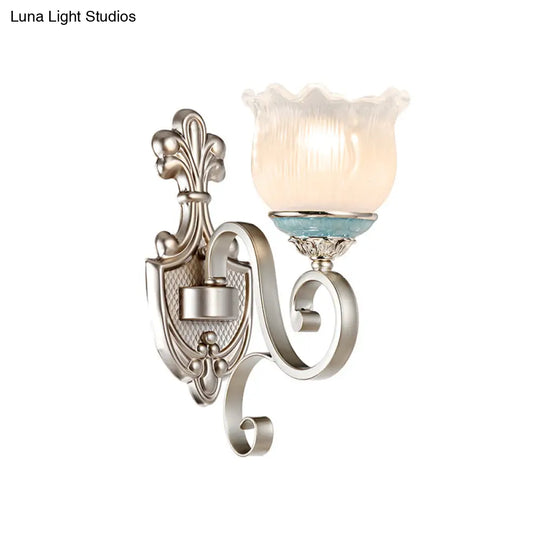 Traditional Cream Glass Blossom Wall Sconce Light With Scrolled Arm - Silver 1/2-Head Lighting