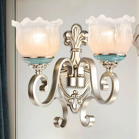 Traditional Cream Glass Blossom Wall Sconce Light With Scrolled Arm - Silver 1/2-Head Lighting 2 /