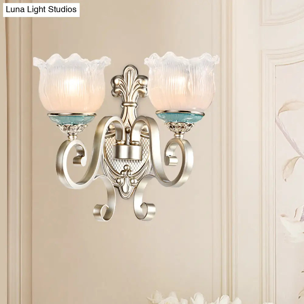 Traditional Cream Glass Blossom Wall Sconce Light With Scrolled Arm - Silver 1/2-Head Lighting