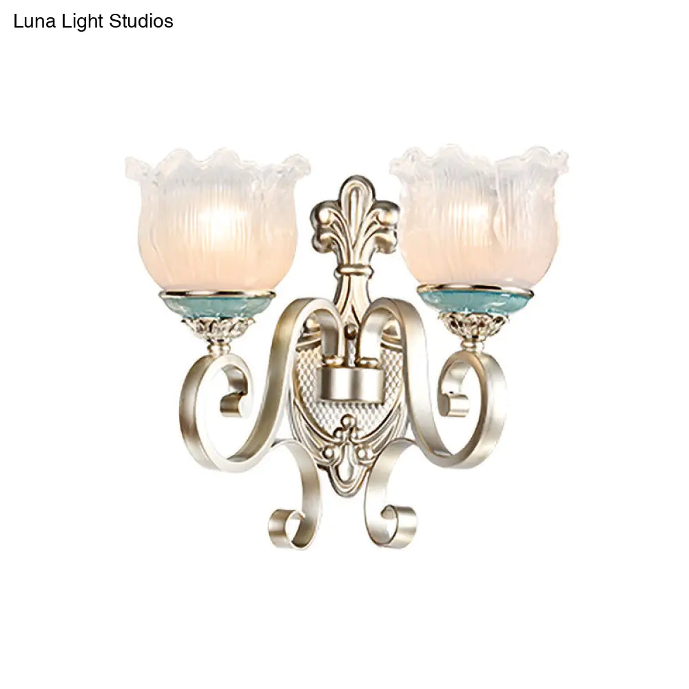 Traditional Cream Glass Blossom Wall Sconce Light With Scrolled Arm - Silver 1/2-Head Lighting