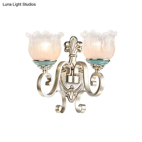 Traditional Cream Glass Blossom Wall Sconce Light With Scrolled Arm - Silver 1/2-Head Lighting