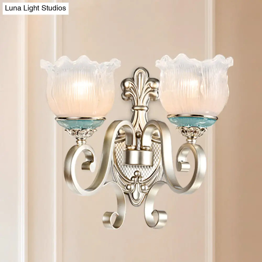 Traditional Cream Glass Blossom Wall Sconce Light With Scrolled Arm - Silver 1/2-Head Lighting