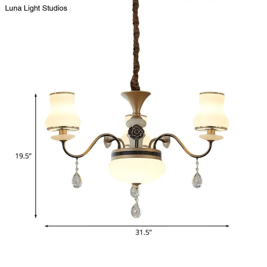 Traditional Cream Glass Brass Chandelier With Crystal Drop - Curved Arm 3/6 Bulbs