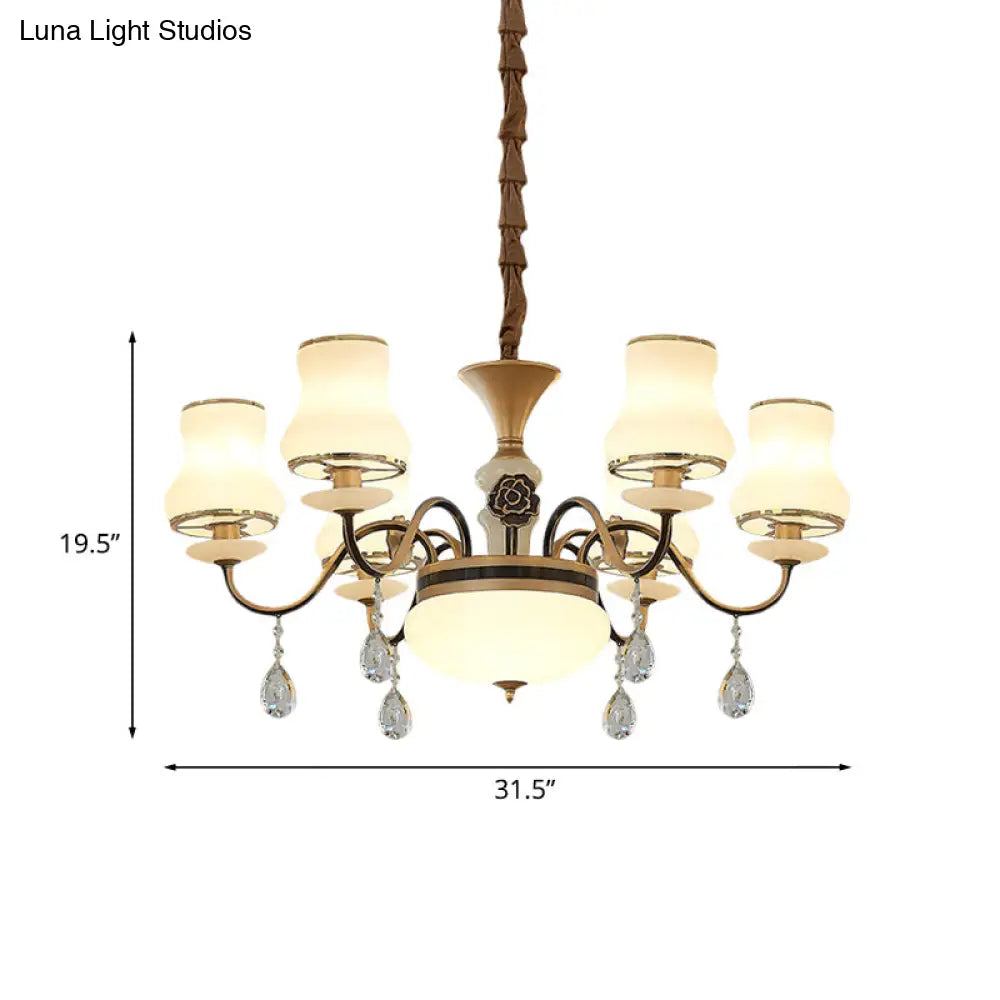 Traditional Cream Glass Brass Chandelier With Crystal Drop - Curved Arm 3/6 Bulbs