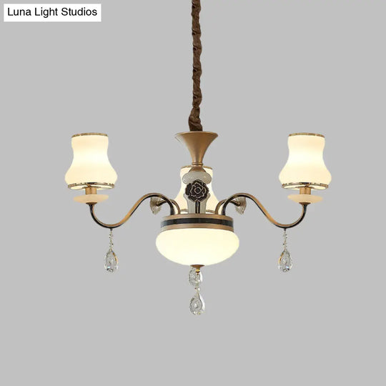 Traditional Cream Glass Brass Chandelier With Crystal Drop - Curved Arm 3/6 Bulbs