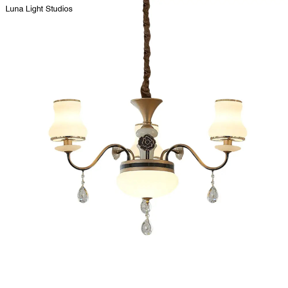 Traditional Cream Glass Brass Chandelier With Crystal Drop - Curved Arm 3/6 Bulbs