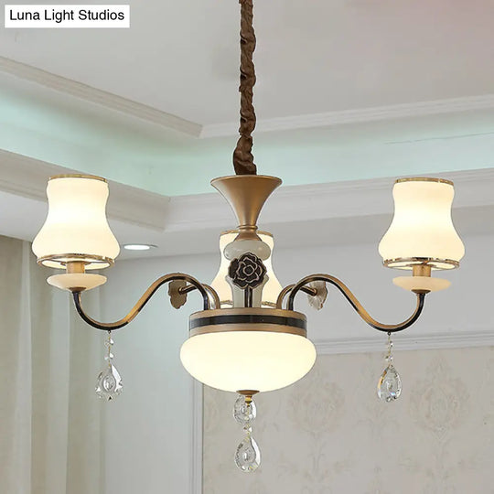 Traditional Cream Glass Brass Chandelier With Crystal Drop - Curved Arm 3/6 Bulbs