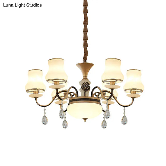 Traditional Cream Glass Brass Chandelier With Crystal Drop - Curved Arm 3/6 Bulbs