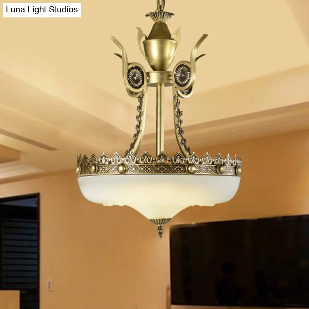 Traditional Cream Glass Inverted Chandelier - 12/16 Width 3 Lights Beige/Brass Perfect For Dining