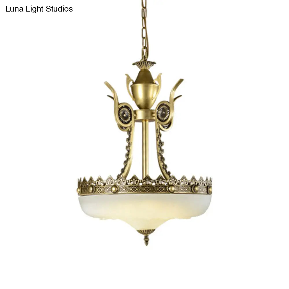 Traditional Cream Glass Inverted Chandelier - 12/16 Width 3 Lights Beige/Brass Perfect For Dining