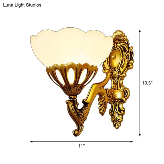 Traditional Cream Glass Scalloped Wall Light With Antiqued Bronze Mount - 1 Head Bedroom Lamp