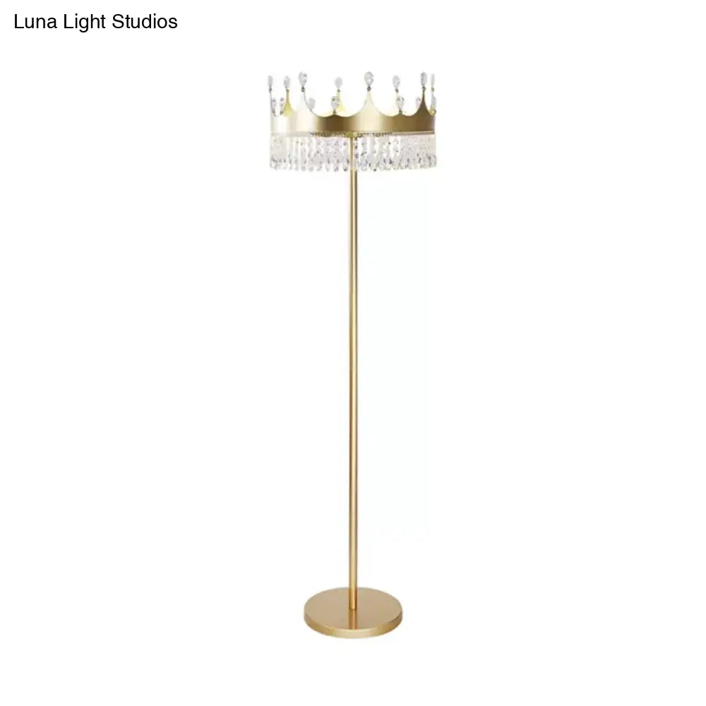 Traditional Crown Faceted Crystal Floor Lamp - 3-Bulb Lighting In Champagne For Living Room