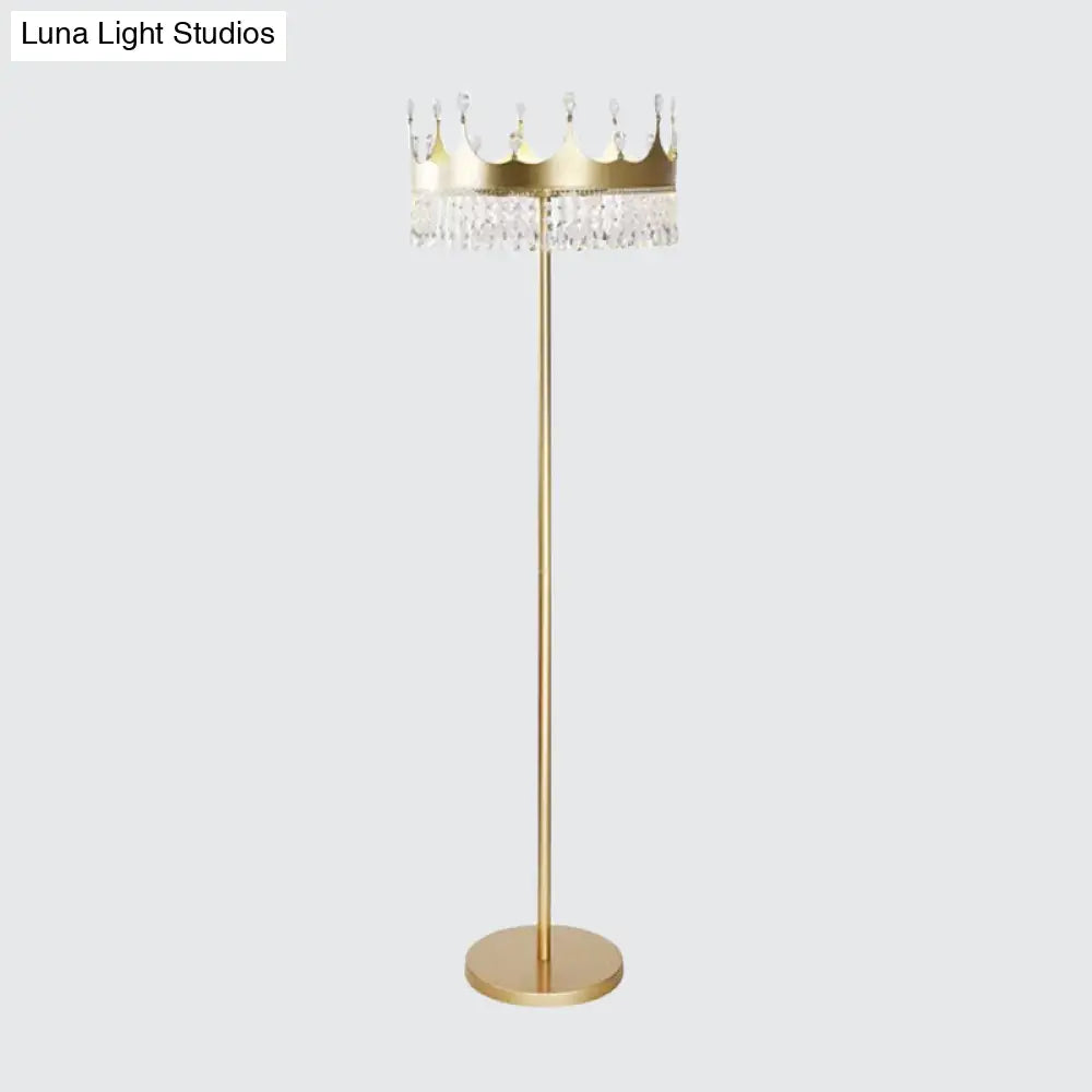 Traditional Crown Faceted Crystal Floor Lamp - 3-Bulb Lighting In Champagne For Living Room