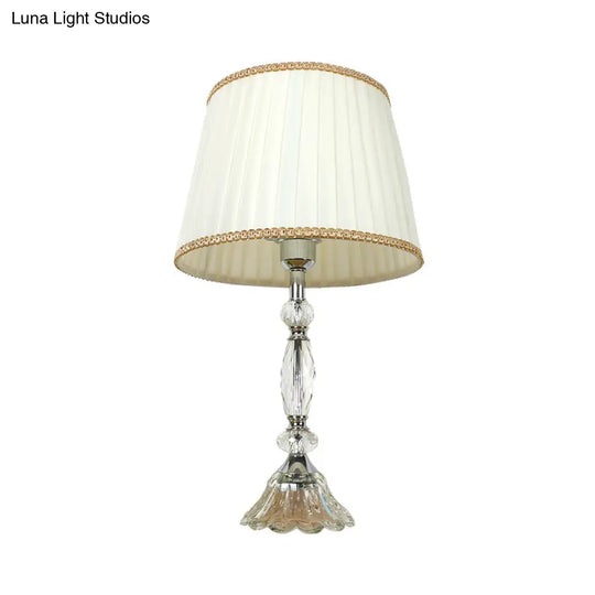 Traditional Crystal Base Table Lamp With Pleated Shade - White Fabric Night Light 1-Light