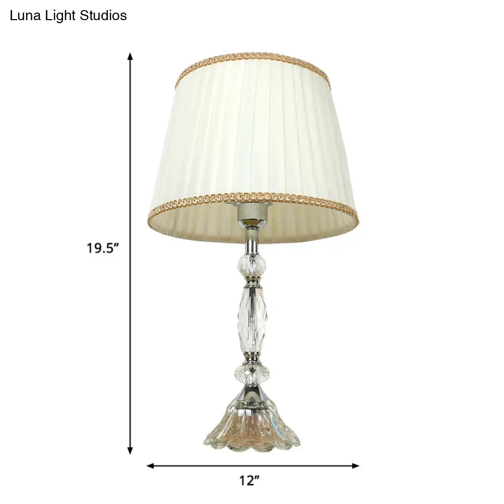 Traditional Crystal Base Table Lamp With Pleated Shade - White Fabric Night Light 1-Light