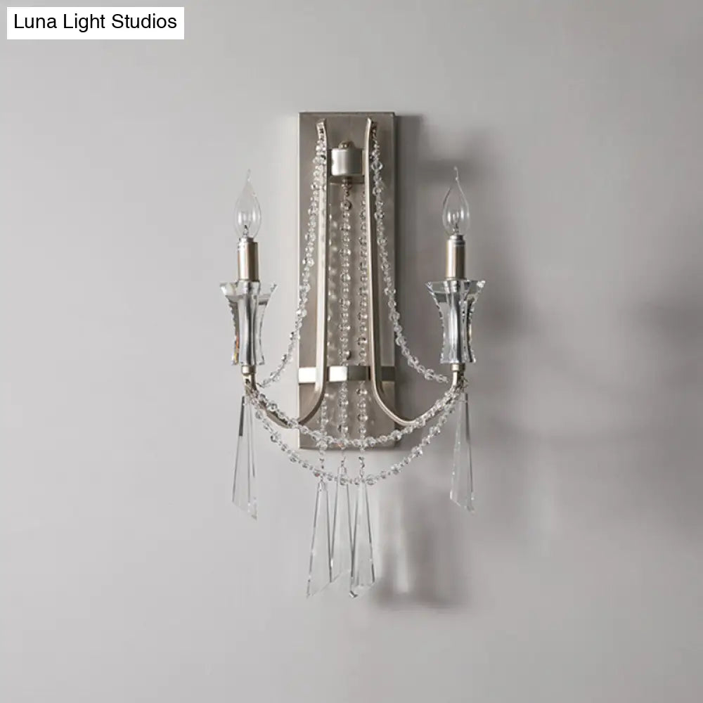 Traditional Crystal Bead Wall Mount Light Fixture - 2 Bulbs Curved Arm Design