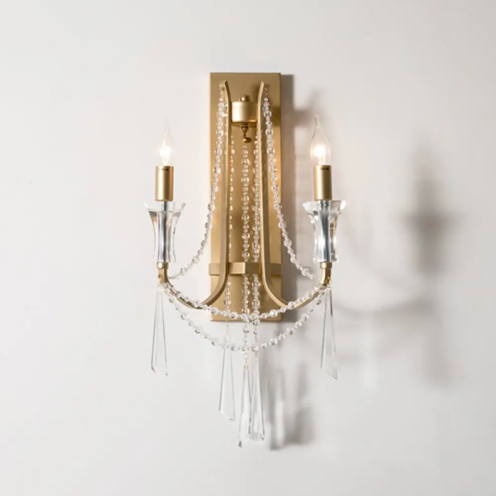 Traditional Crystal Bead Wall Mount Light Fixture - 2 Bulbs Curved Arm Design Gold