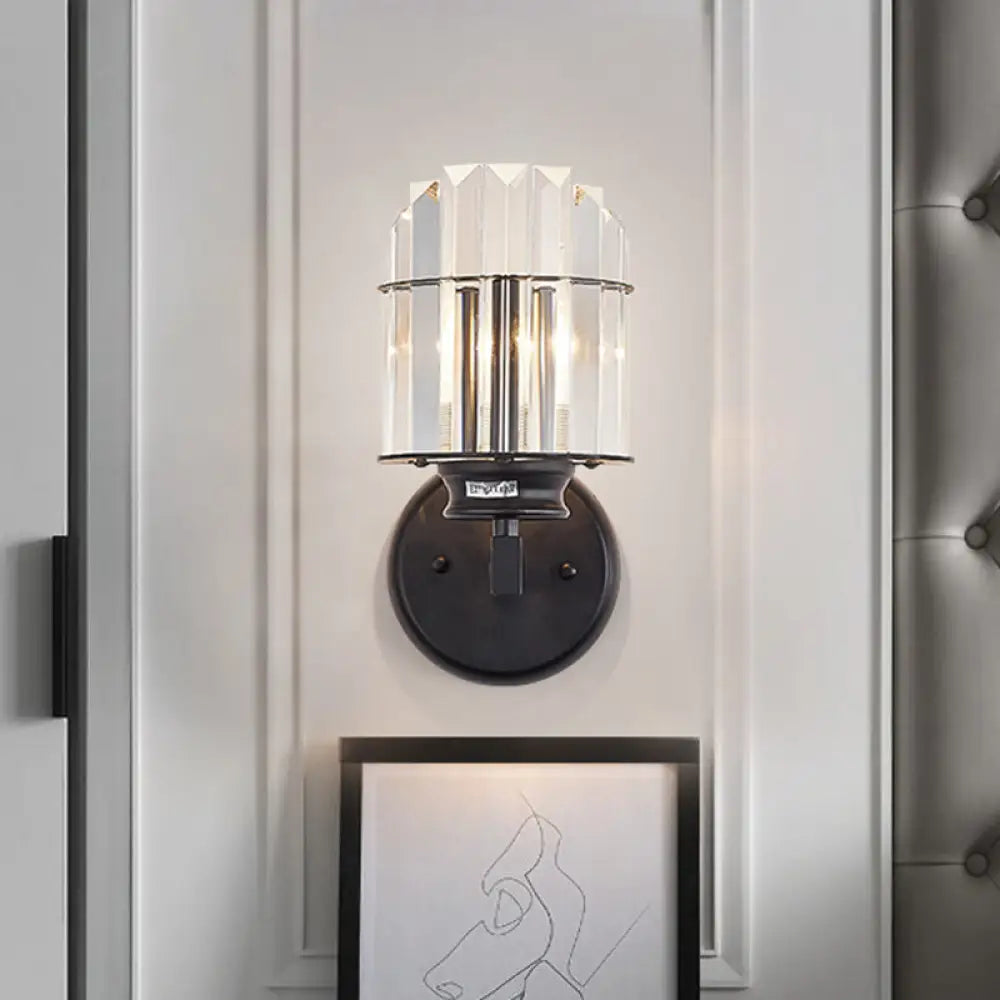 Traditional Crystal Black Cylinder Wall Sconce Light With 1 Bulb Ideal For Sitting Room Decor