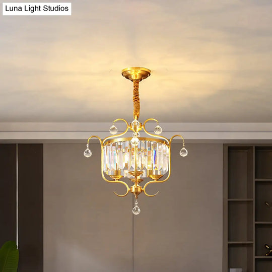 Traditional Crystal Chandelier - Gold Drum Shaped Suspension Lighting 4-Bulb Restaurant Light