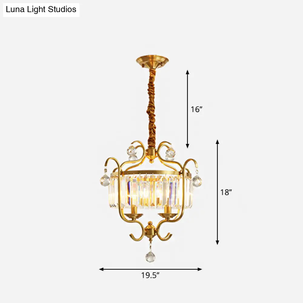 Traditional Crystal Chandelier - Gold Drum Shaped Suspension Lighting 4-Bulb Restaurant Light