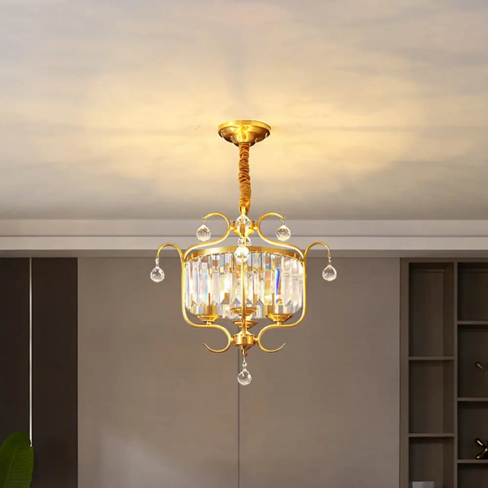 Traditional Crystal Chandelier - Gold Drum Shaped Suspension Lighting 4-Bulb Restaurant Light