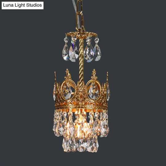 Traditional Crown-Shape Crystal Flush Hanging Lamp Kit With Hand Cut Brass Frame