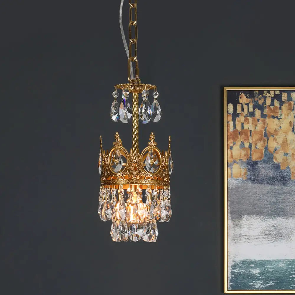 Traditional Crystal Crown Hanging Lamp Kit - Single Bulb Flush Lighting In Brass