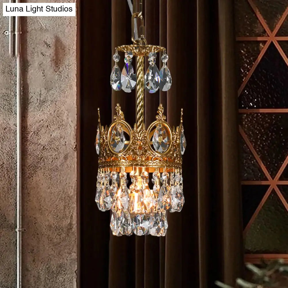 Traditional Crystal Crown Hanging Lamp Kit - Single Bulb Flush Lighting In Brass