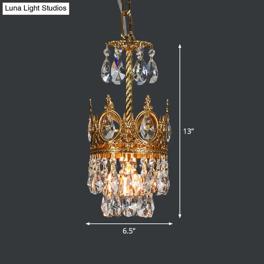 Traditional Crystal Crown Hanging Lamp Kit - Single Bulb Flush Lighting In Brass