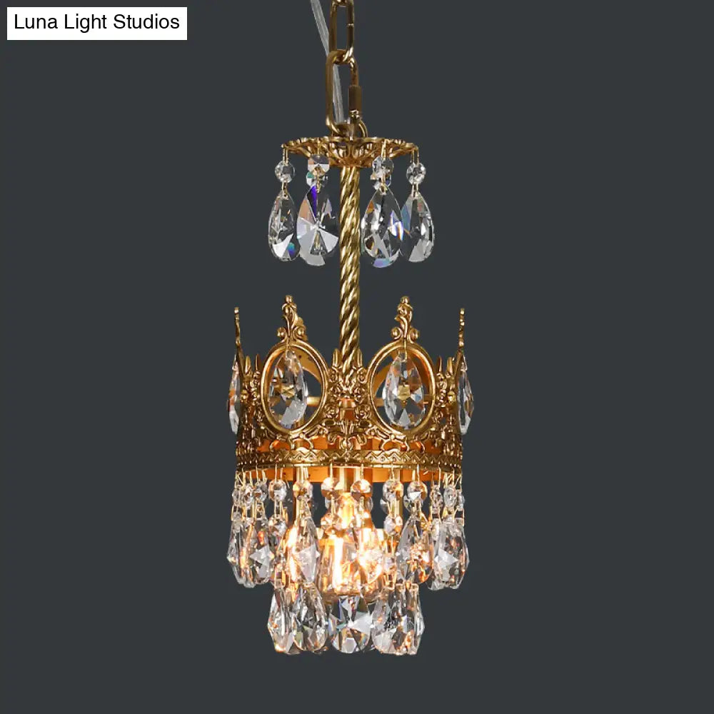 Traditional Crystal Crown Hanging Lamp Kit - Single Bulb Flush Lighting In Brass