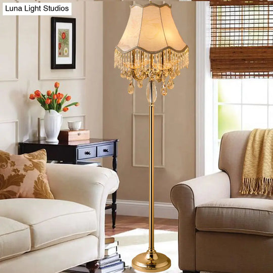 Traditional Crystal Droplets Floor Lamp With Gold Candlestick Design And Scalloped Trim Shade -