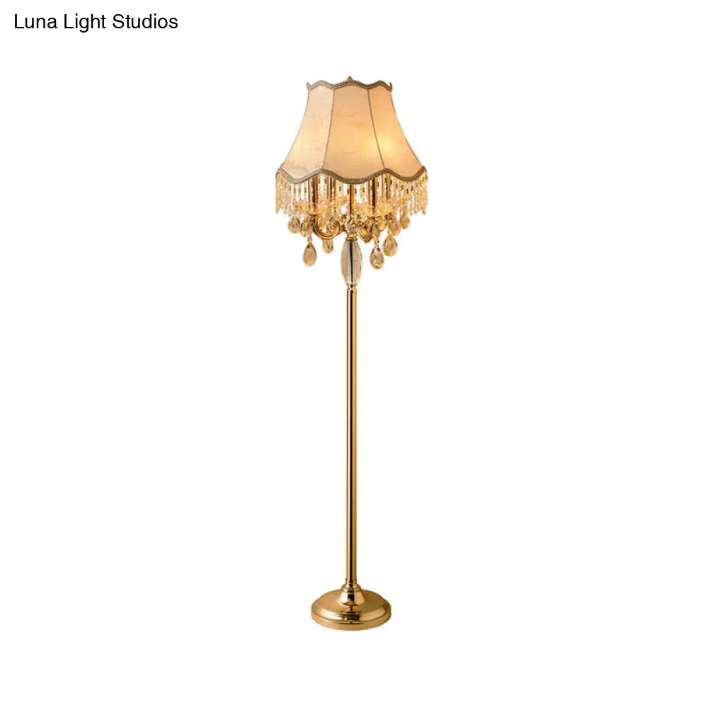 Traditional Crystal Droplets Floor Lamp With Gold Candlestick Design And Scalloped Trim Shade -