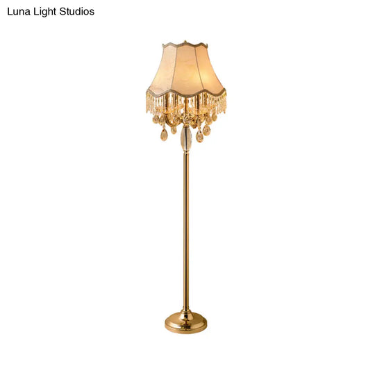 Traditional Crystal Droplets Floor Lamp With Gold Candlestick Design And Scalloped Trim Shade -